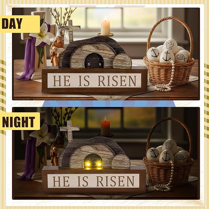Yousoontic Empty Tomb Easter Scene and Cross Decoration He Is Risen Decor with Light String Wood Easter Tabletop Sign Christian Table Centerpiece Resurrection Scene Jesus Nativity Religious Home Decor