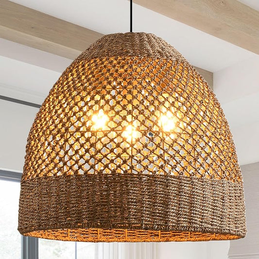 19” Large Rattan Pendant Light Fixture,3 Light Boho Handmade Woven Wicker Rattan Ceiling Farmhouse Chandelier for Kitchen Island Dining Rooms, Corridors, and Entrance Halls.