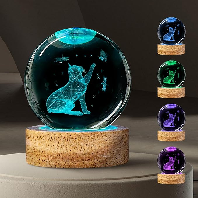 3D Cat Crystal Ball Night Light Cat Lover Gifts for Women 60mm Figurines Glass Lamps with 16 Color and Remote Cute Room Table Decor Birthday Christmas