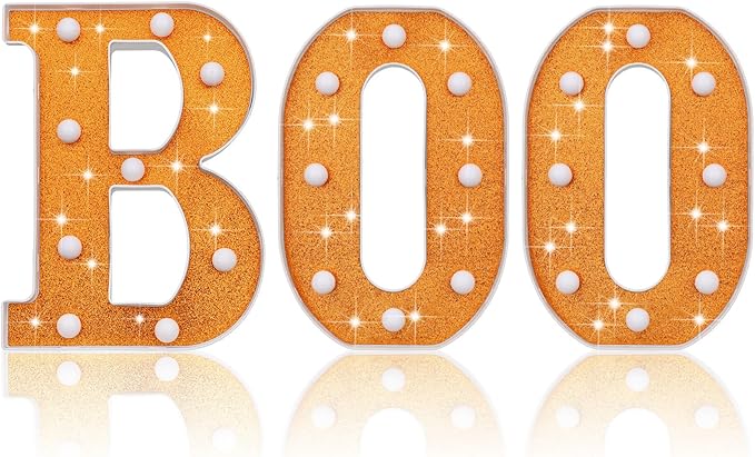 Baquler 3 Pcs Halloween Boo Decorations Light up Boo Sign Marquee LED Letters Lights Decor for Halloween Outdoor Home Room Kitchen Fireplace Tabletop Party Supplies(Orange)