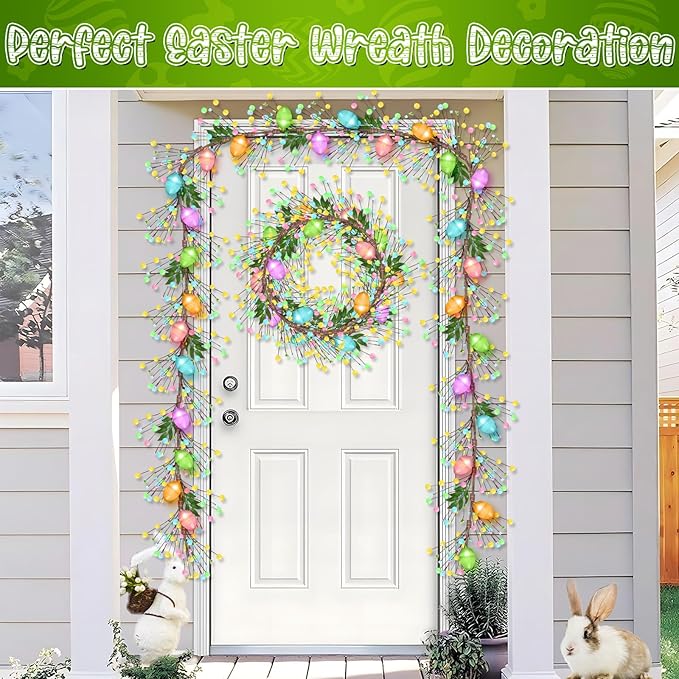 Enhon Lighted Easter Garland with 8 Lighting Modes, 15 LED Colorful Glitter Easter Egg Garland Lights Timer, Battery Operated Egg & Mixed Berry Decoration for Spring Mantle Home Fireplace Indoor Decor