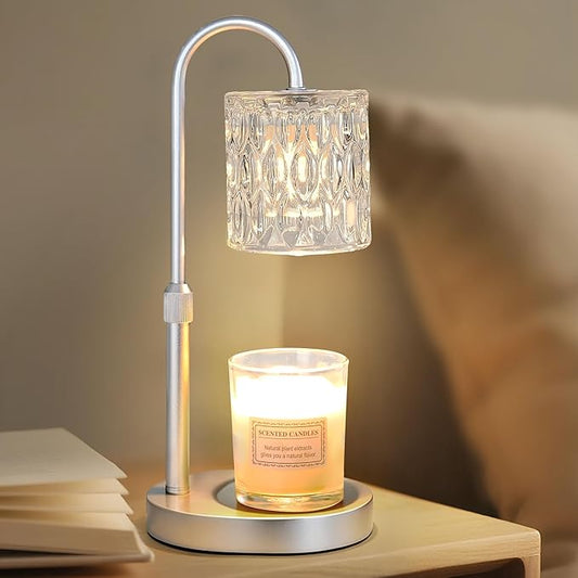 Dreamholder Electric Candle Warmer Lamp with Timer & Dimmer, Adjustable Height Wax Melt Warmer for Jar Candles, Wood Base Candle Melter, Floral Home Decor Gifts for Women, Mom, Silver Glass