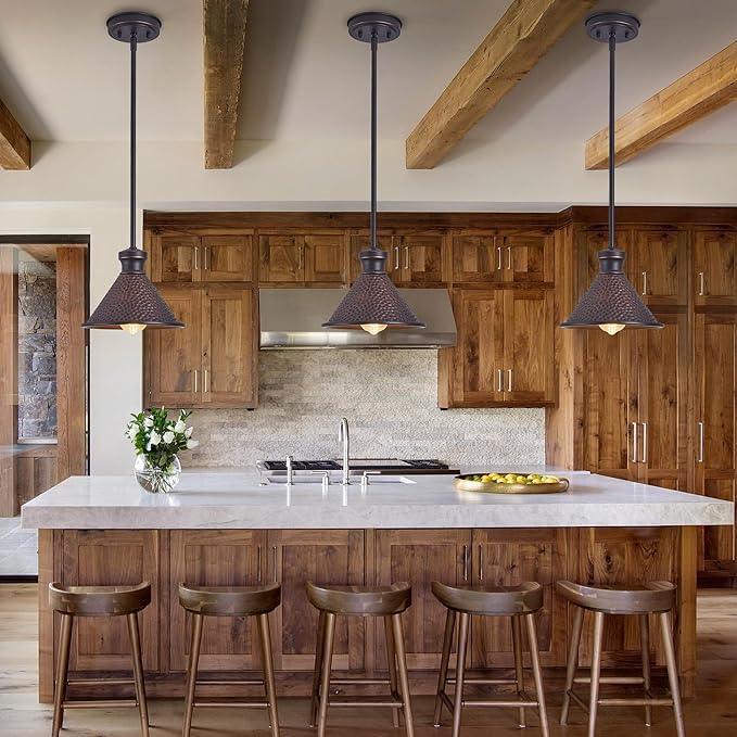 Pendant Light (2 Packs), Kitchen Lights Ceiling Hanging,Oil-Rubbed Bronze Finish, Farmhouse Lighting for Kitchen Island Room,Vintage Hammered Textured Aluminum Shade, Height Adjustable