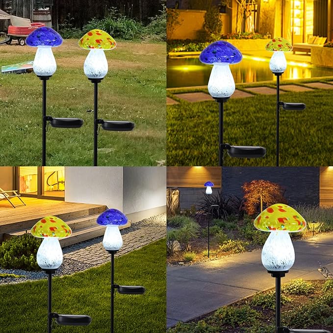 Bshine Mushroom Solar Outdoor Lights, 2 Pack Mushroom Lamp Handmade Blown Glass Waterproof Metal Stakes Decoration Garden, Outdoor Yard Art Decoration Pathway, Lawn Ornaments, Gift for Mom