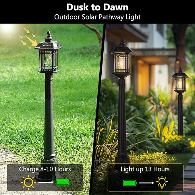 Emliviar Outside Solar Powered Post Light, Black Pathway Light with Remote Control, Dusk to Dawn LED Outdoor Solar Pole Lighting, Bulb Included, Seeded Glass, 2084PL-SL BK