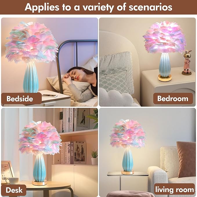 Colorful Feather Lamp Modern Feather Table Lamp Romantic Rainbow Bedside Lamp Nordic Fluffy Princess Nightstand Light for Girl Bedroom Living Room Entry Office Wedding Atmosphere