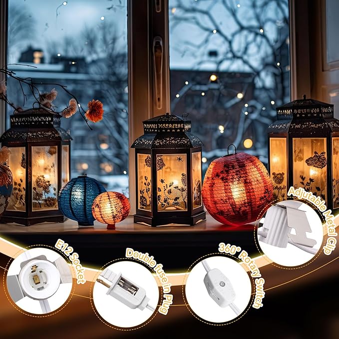 Leelosp 26 FT Accessory Cord with 15 LED T20 Light Bulb, Christmas Village Light with 2 Fuse Blow Mold Cord ON/Off Switch for Christmas Trees Craft Holiday Halloween