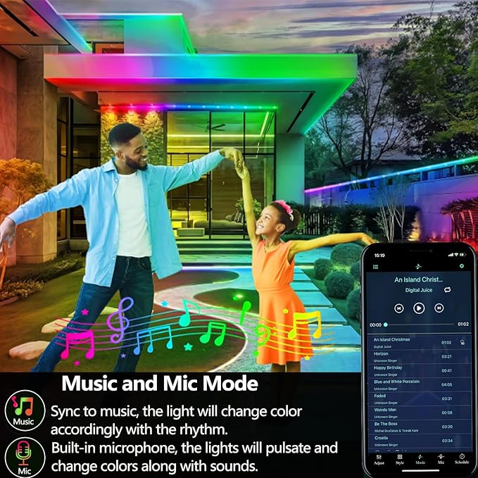 32.8FT Ws2812 RGB+IC LED Strip Lights IP68 Outdoor Waterproof, 5V USB Powered, Music Sync Bluetooth APP/RF Remote Control Lights for Balcony,Deck,Camping,Garden,Bedroom Decor
