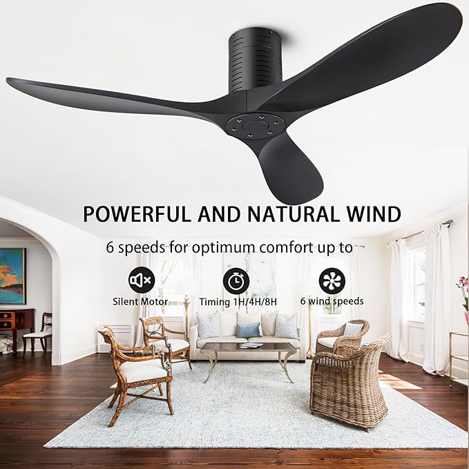 52” Flush Mount Ceiling Fans No Lights and Remote/APP Control, 6 Speed DC Motor, Low Profile Ceiling Fan Without Light for Bedroom, Hallway,Indoor/Outdoor(Matte Black)