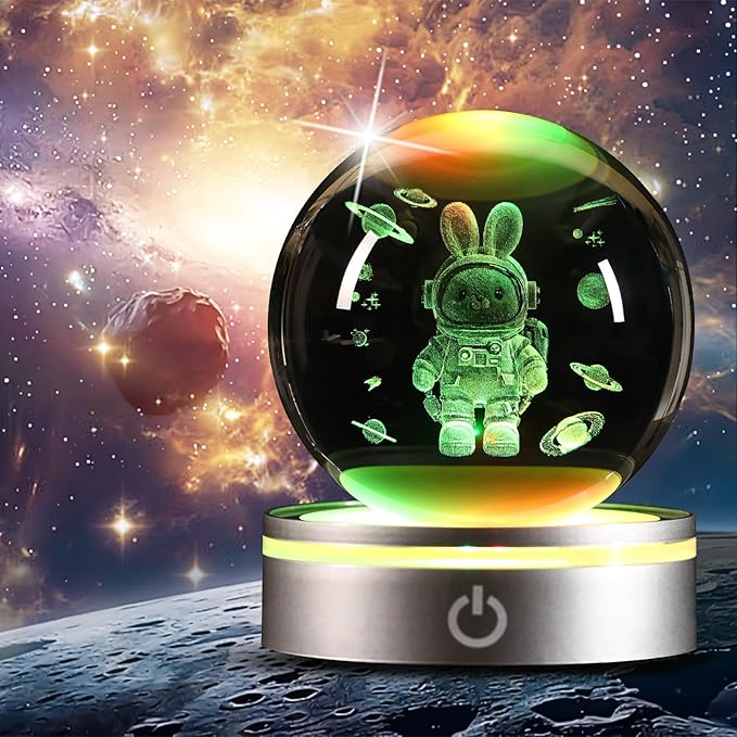 Space Bunny 3D Crystal Ball Night Light Gifts for Kids, Ideal Birthday Gift, Easter Bunny Decor Desk Astronaut Toys Crystal Ball Lamp