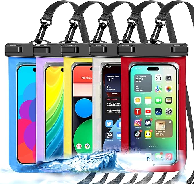 Famoby Up to 8.3" 5 Pack Multicolor Universal Waterproof Phone Pouch, Phone Waterproof Case Dry Bag,Protection Level: IP68,Outdoor Sports for Apple iPhone,Samsung,and More,White,Blue,Red,Purple,Yellow