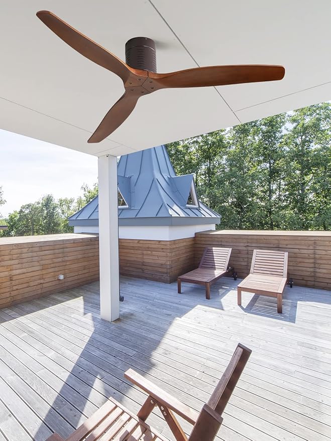 Sofucor 52'' Ceiling Fan no Light, Low Profile Flush Mount Ceiling Fan with Remote Control, Quiet Energy Saving with 6 Speeds, Timer, Brown