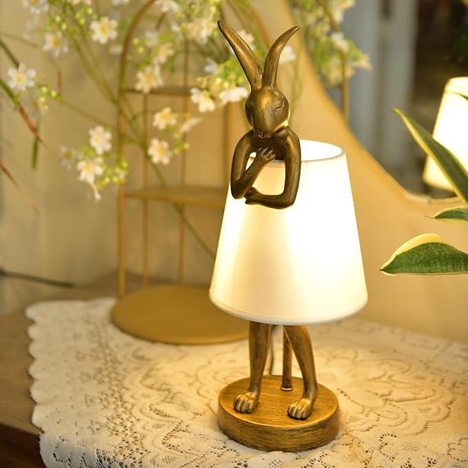 Bunny Cordless Table Lamp with 5000mAh Battery,Rechargeable Resin Rabbit Lamp with Pleated Shade Stepless Dimmable LED Small Cute Animal Light for Kids Room Home Decor Adult Gift(White)