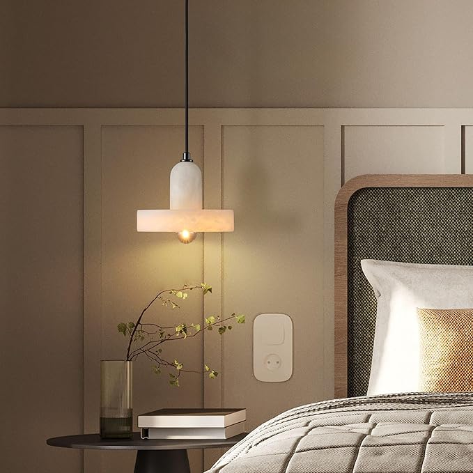 Alabaster Pendant Light for Kitchen Island, Modern Brass Hanging Light Fixture with Natural Alabaster Stone Shade, Adjustable Pendant Lighting Over Sink, Dining, Bar, Counter- 2 Pack