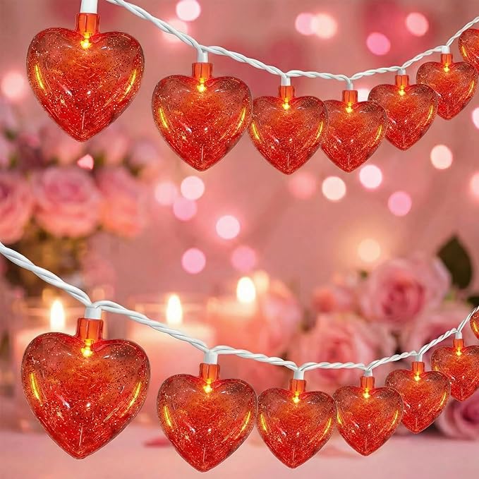 8.5Ft Valentine Red Heart Lights with 10 Shiny Glitter Heart Shaped Lights, Valentine Day Decorations Red Heart Lights for Valentine's Day,Windows, Bedroom,Home,Room Party Decor