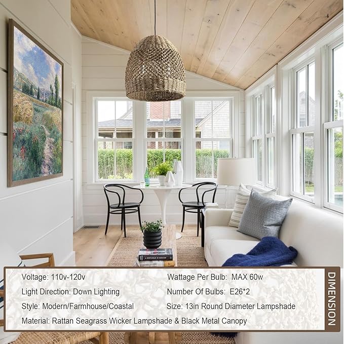 2-Light 13” Rattan Pendant Light, Boho Hand-Woven Light Fixtures, Natural Seagrass Wicker Rattan Hanging Chandelier for Farmhouse Kitche Dining Living Bedroom Foyer