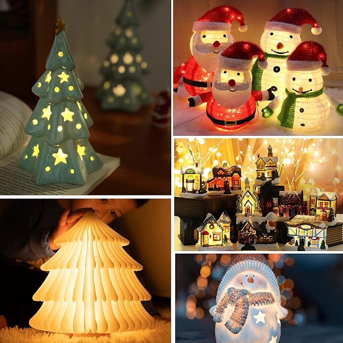 4 Set 6Ft White LED Accessory Cord with Light Bulb 8Pcs (4 for Spare) with Switch On/Off, Light up Christmas Decor - Clip-in C7 String Lights for Christmas Village House Salt Lamp & Blow Mold, 0.6W