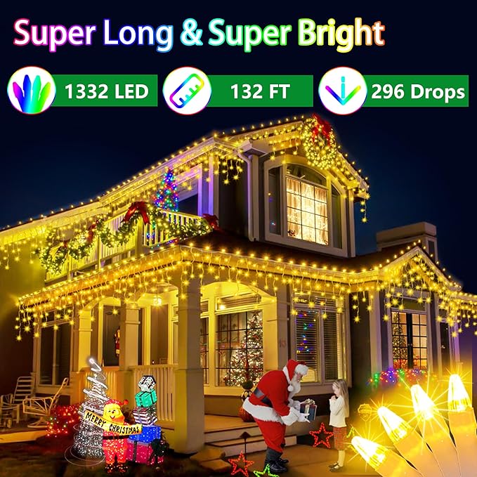 132FT 1332 LED Outdoor Christmas Lights - 296 Ice Drops, 12 Pro Modes with Timer Memory & Brightness, Waterproof Hanging Ice String Light for Holiday Wedding Garden Fence House Decor (Warm White)