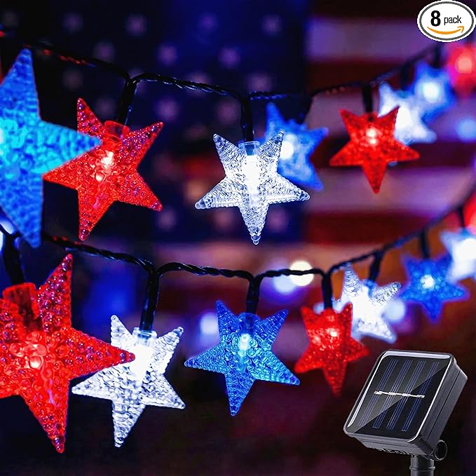 Solar String Lights Red White Blue Star LED Solar Powered Lights Waterproof Outdoor Lights for 4th of July Decorations Patio Garden Yard Memorial Day Independence Day Christmas Party with 8 Modes