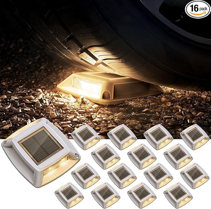 Solar Driveway Lights Outdoor 16 Pack, IP68 LED Solar Powered Waterproof Driveway Marker Deck Dock Lights for Dock Step Pathway Walkway Sidewalk Garden Yard Stair Marine (Warm)