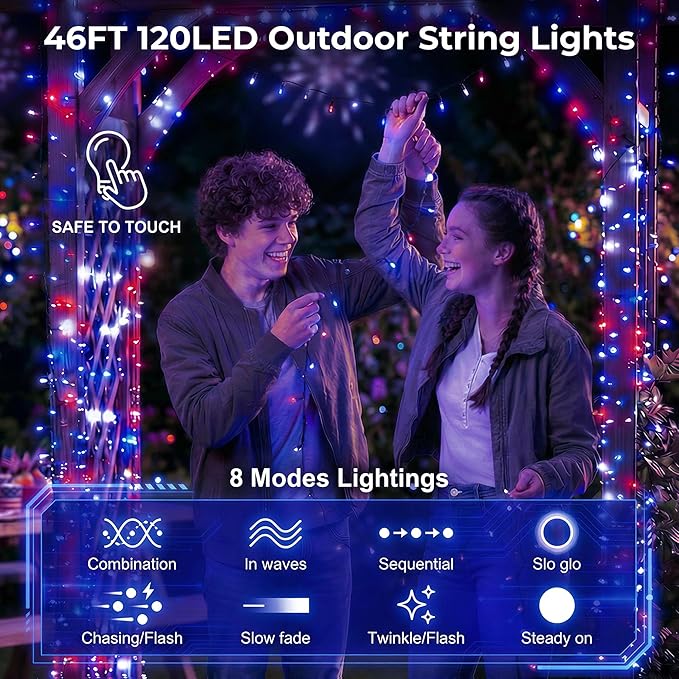Solar Red White Blue String Lights 46FT 120LED Patriotic Light with 8 Modes Waterproof Solar Powered Outdoor Lights for 4th of July Memorial Day Independence Day Garden Patio Party Decor