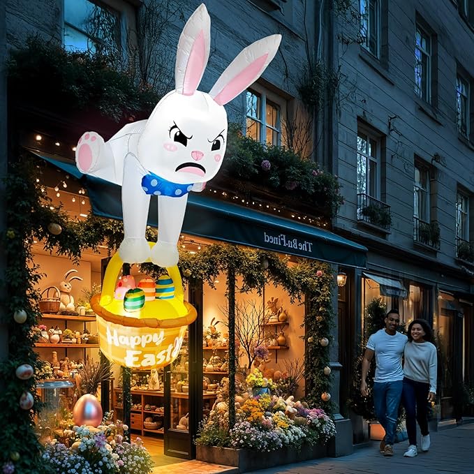 8FT Easter Inflatables Outdoor Decorations Climbing Inflatable Bunny Decor, Inflatable Bunny Basket with Eggs Decor, Easter Blow Ups for Outside Roof Yard Shop Lawn Fence