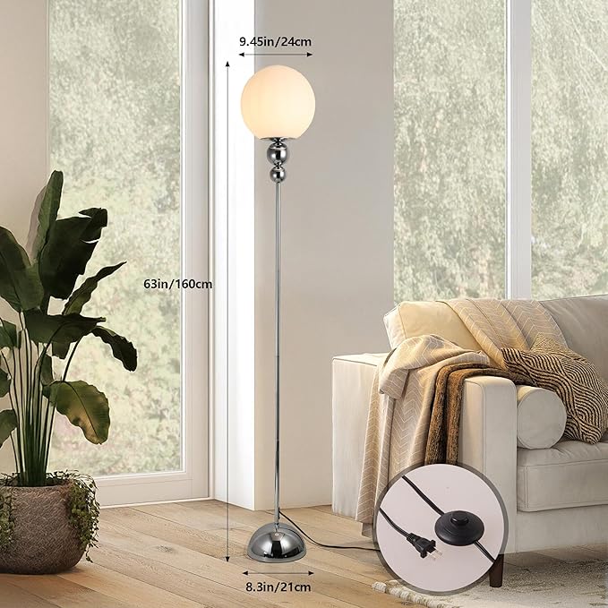 Modern Floor Lamps for Living Room, Globe Glass Shade Floor lamp for Bedroom, Standing lamp for Office, Corner(Chrome)