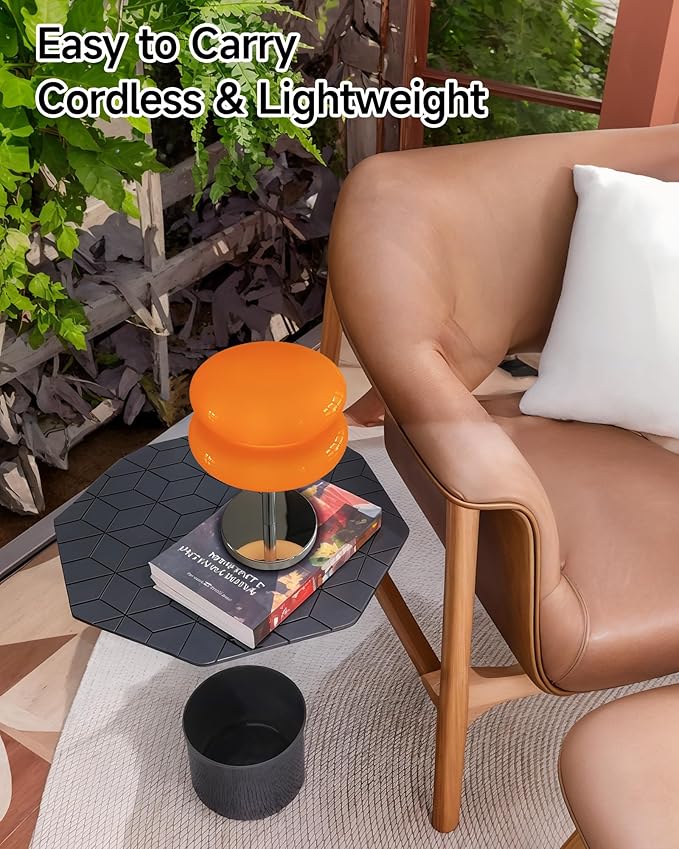 Mushroom Table Lamp for Bedroom, Cordless Mid Century Modern Lamp, Cute Egg Tart Small Night Light, 6000mAh Rechargeable Table Light for Living Room Nightstand Home Mushroom Decor Aesthetic (Orange)