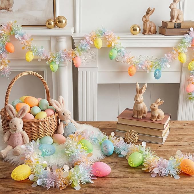 8.5Ft Easter Garland with Lights, Plug in Easter Egg String Lights & Pastel Tinsel Set (White Wire), Connectable Waterproof Indoor Outdoor Decor for Home Mantle Bedroom Party