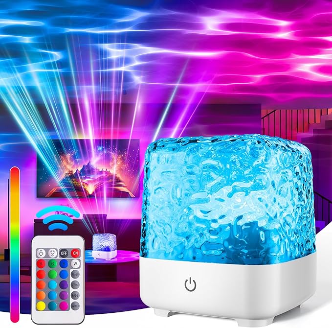 Northern Lights Projector, 2000 mAh Wireless 16 Colors Luminorthe Cube Crystal Lamp with Touch/Remote Control, Rechargeable Ocean Wave Night Light Projector for Kids, Room Decor, Bedroom (1800 mAh)