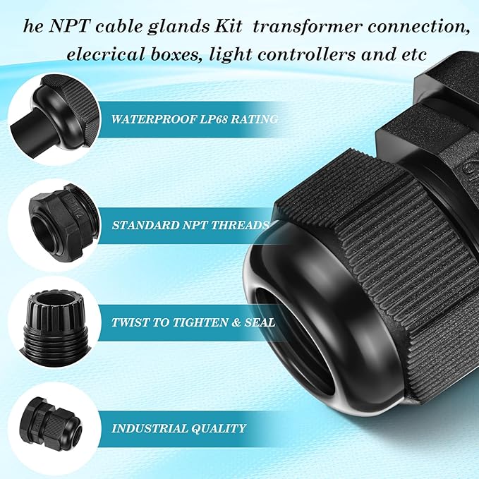 50 Pcs 3/4" NPT Black Nylon Cable Gland, Waterproof IP68 Adjustable Locknut Cable Diameter Waterproof Connectors Black Cord Grip