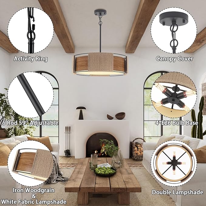 19.7'' Rattan Chandelier, 4-Light 2-Layer Shade Chandelier Rustic Rattan and Metal Wood Grain Round Pendant Kitchen Island Lighting Hanging Drum Chandeliers for Dining Room Foyer Entryway Living Room