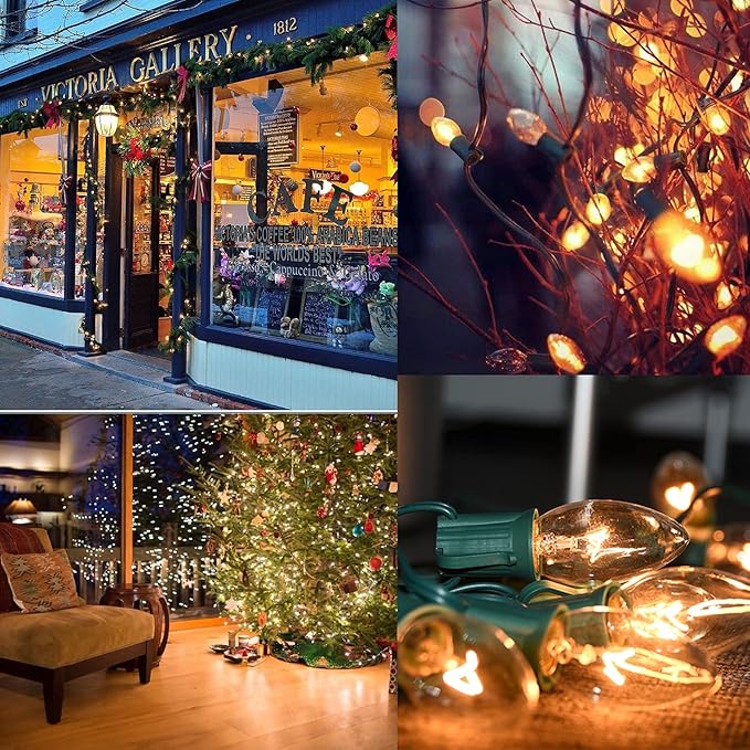 SUNSGNE C9 Clear Christmas Lights 25Ft Outdoor Christmas String Lights with 26 Clear Light Bulbs for Outdoor Patio, Cafe, Party Decor- Green Wire