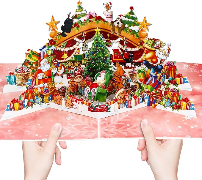 FaCraft Musical Christmas Cards, with Lights and Music, 15.4 x 10.4 inch Handmade 3D Large Pop Up Christmas Card, with Envelope Blank Insert and Seal for Winter Holidays New Year (Dogs Cats Party)