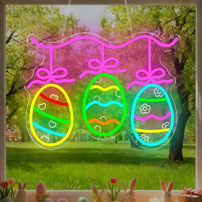 Easter Egg Neon Sign Eggs Decorations LED Sign for Home Dimmable Colorful Easter Light Sign for Bar Office Bedroom Light Up Bunny Sign Eggs Wall Art Festive Gifts for Kids Girls