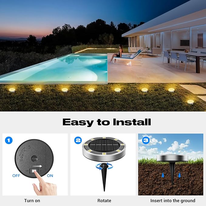 Peasur Solar Ground Lights Outdoor, 8 Pack Flat Solar Powered Disc Lights, IP68 Waterproof, Anti-Rust, Landscape Lighting for Pathway Garden Yard Lawn Walkway Landscape Driveway, Mini, Warm White