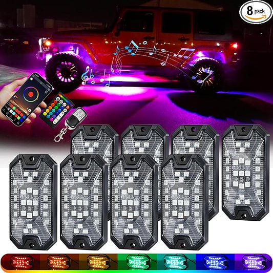 8Pods 5 Sides Full Angle RGB LED Rock Lights Kits High Brightness 27 Beads RGBW 5050 IP68 Waterproof Underglow Multicolor Exterior Wheel Rock Lights for 12V Trucks Jeep Offroad Pickup UTV ATV RZR SUV