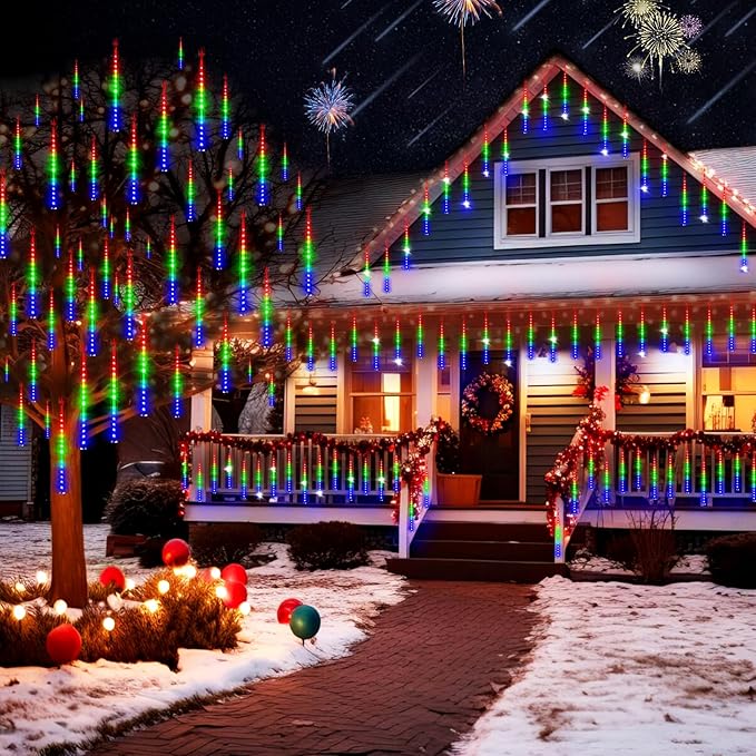 KNONEW 2Pack Total 48 Tube Meteor Shower Lights,15 in 672 LEDs Christmas Lights Outdoor Waterproof Plug in Falling Rain Light for Xmas Tree Wedding Party Garden Holiday Decorations (Multicolor)