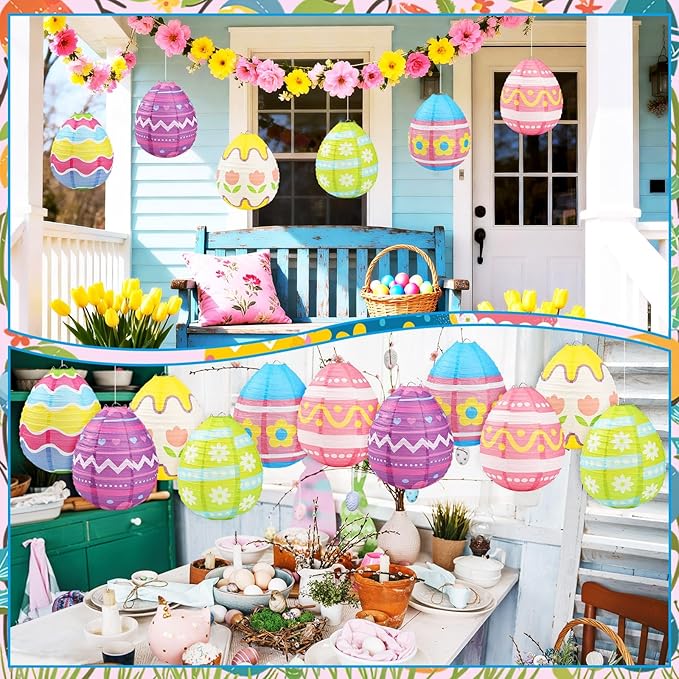 DECYOOL 12 Pieces Pastel Paper Lanterns, 6 Styles of Easter Egg Colorful Hanging Lantern Decor for Parties, Classroom Home Indoor Outdoor Celebrations