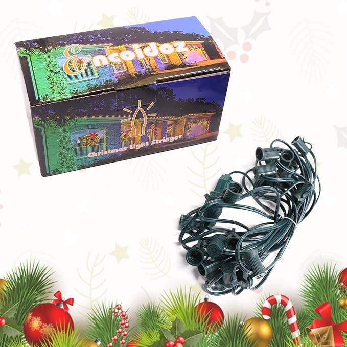 25FT C7 Light String Christmas Stringer, E12 Christmas Sockets 12" Spacing, C7 Stringer Set Green Outdoor String Light for Wedding Patio Event Lighting Decor, Green Wire
