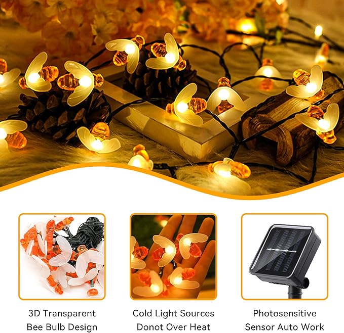 ITICdecor Solar Bee String Lights Outdoor Waterproof 50 LEDs 8 Modes Honeybee Fairy Light Outdoor Lights Patio Garden Fence Yard Wedding Christmas Tree Decor