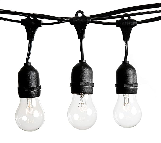 Hometown Evolution, Inc. 50 Foot E26 Outdoor Commercial String Lights with Suspended Socket for Weatherproof Heavy Duty Vintage Outside Lighting - Set of 25 A15 Clear Bulbs