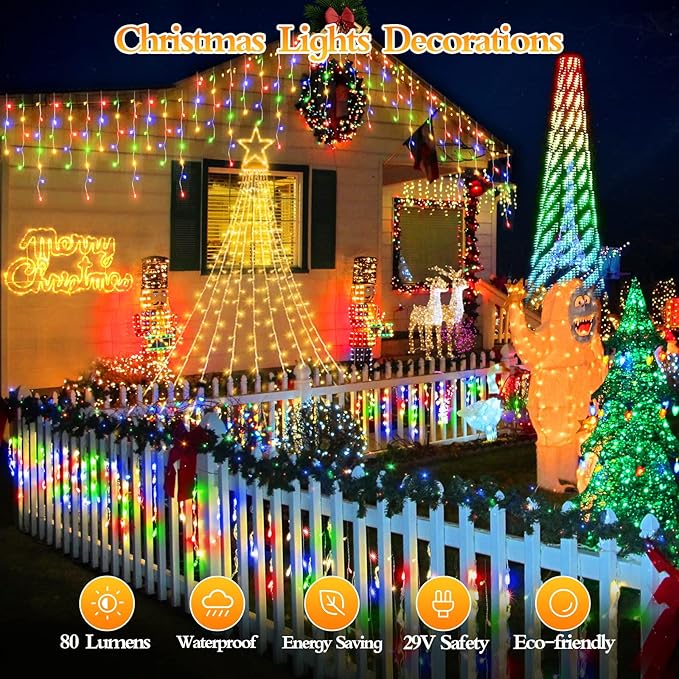 480 LED 49FT Christmas Lights Plug in 8 Modes with Timer Dimmable Ice Lights Outdoor Waterproof Indoor Ice String Lights for Roof Porch Garden Holiday Wedding Xmas Decor (Multicolor)
