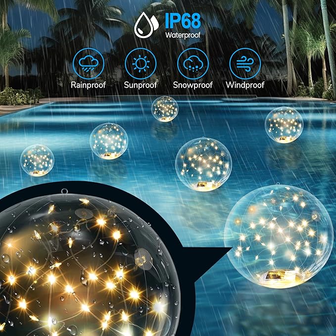 Solar Floating Pool Lights, 14" Inflatable Warm White LED Pool Lights That Float, Waterproof Pool Light Balls, Pool Accessories for Swimming Pools Yard Patio Party Outdoor Decor - 4 Pack