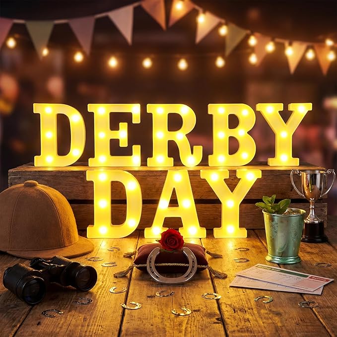 7 Pcs Derby Day Decorations Derby Day Large LED Letter Sign Battery Powered Light Hanging Decor for Party Decorations Indoor Outdoor