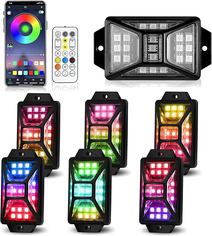 6 Pods Full Angle RGB Rock Lights Compatible with 12V Trucks Jeep UTV SUV ATV Boat Golf Cart, Waterproof Multi-Color, App/Remote Control Led Rock Lights with Music Mode