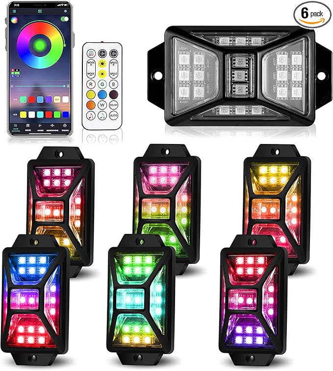 6 Pods Full Angle RGB Rock Lights Compatible with 12V Trucks Jeep UTV SUV ATV Boat Golf Cart, Waterproof Multi-Color, App/Remote Control Led Rock Lights with Music Mode