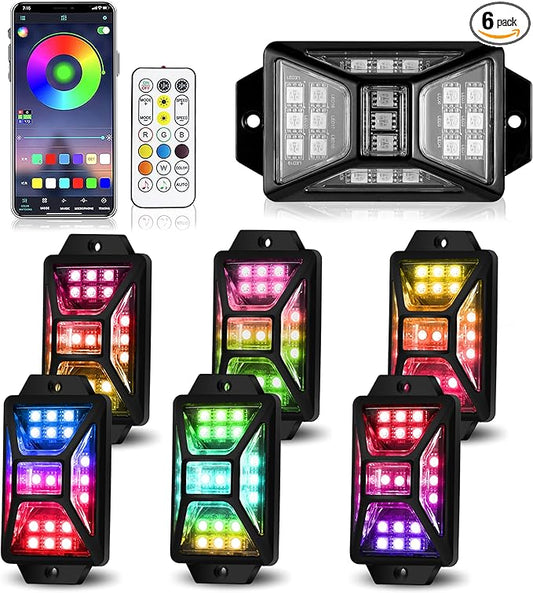 6 Pods Full Angle RGB Rock Lights Compatible with 12V Trucks Jeep UTV SUV ATV Boat Golf Cart, Waterproof Multi-Color, App/Remote Control Led Rock Lights with Music Mode