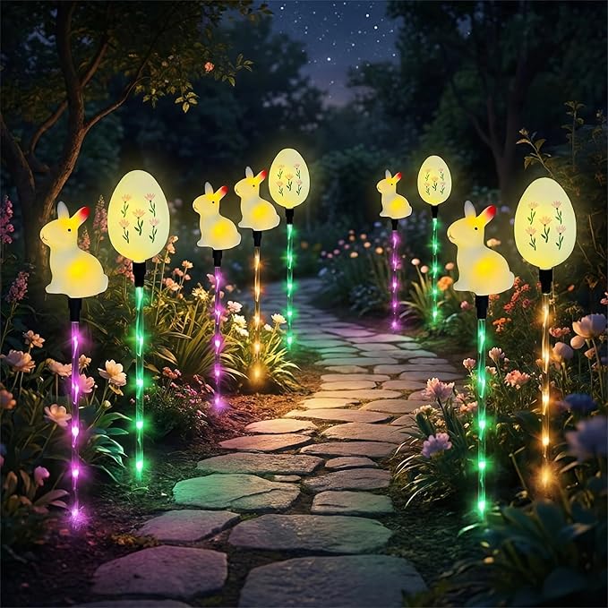 Easter Decorations Solar Pathway Lights, 6pcs Easter Bunny and Egg Lights with 8 Lighting Modes, Outdoor LED Colored Stake Lights for Lawn Yard Porch Patio Decoration (White - Rabbit+Egg)