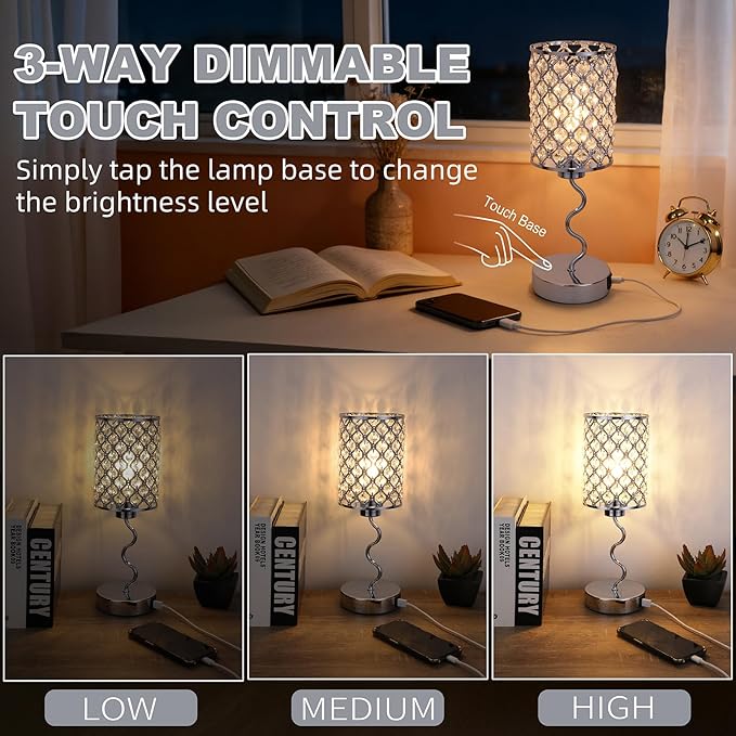 Crystal Table Lamp with 3 Way Dimmable Touch Control, Nightstand with USB A+C Ports, Modern Bedside Touch Lamp for Bedroom, Living Room, Office Reading, Silver
